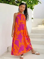 Robe décontractée pour filles, robe d'été tropicale à fleurs, dos nu, avec fente, en orange vif, adaptée aux enfants de 8 à 12 ans 3