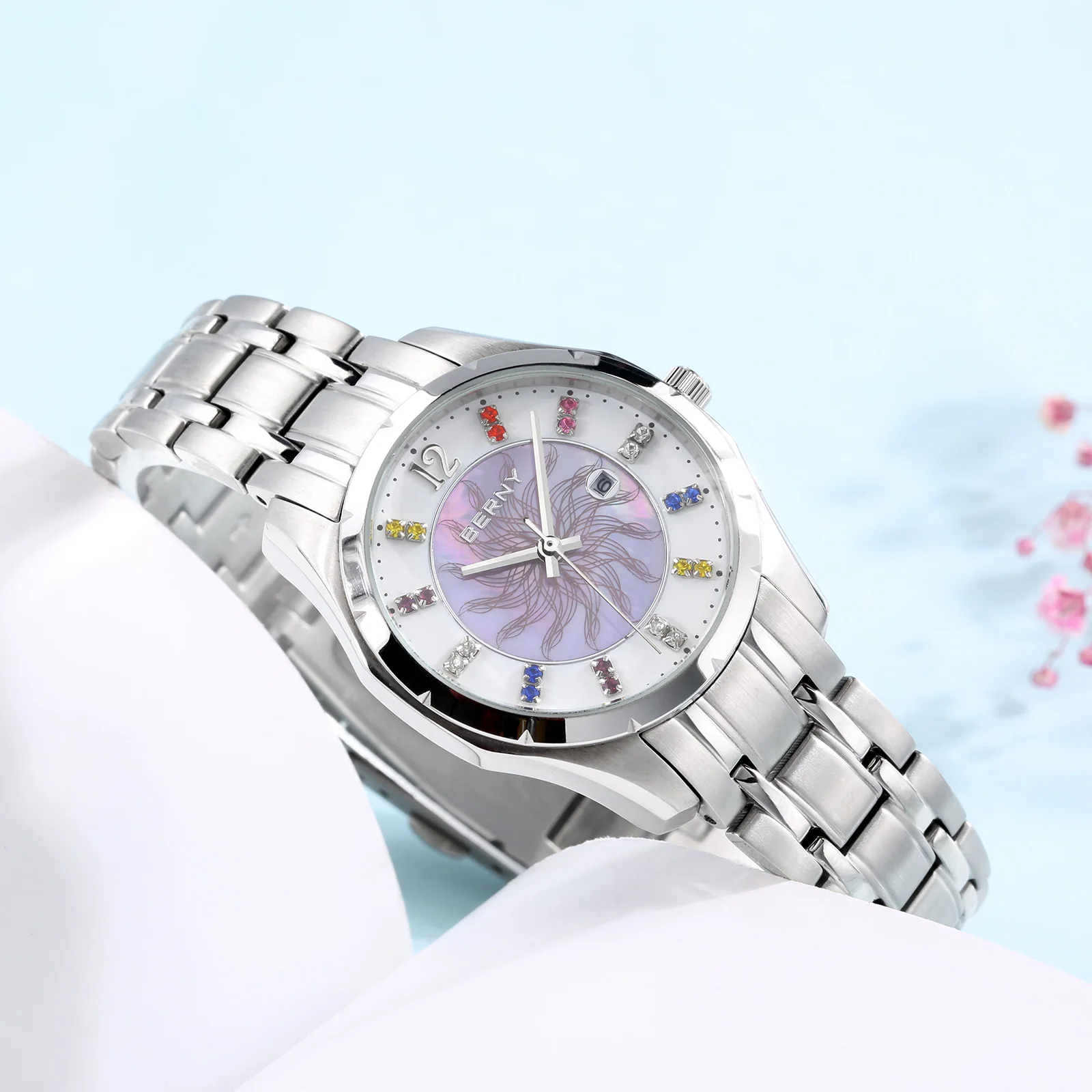BERNY Quartz Women watch Colorful Dial Watch Fashion Casual Diamond Watch 100%Stainless Steel Ladies Clock 3ATM Waterproof Watch