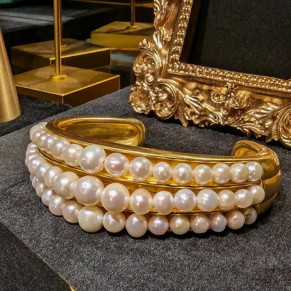 

Natural Fresh Water Pearl Handmade Open Bangle For Women Bride Wedding Luxury Jewelry