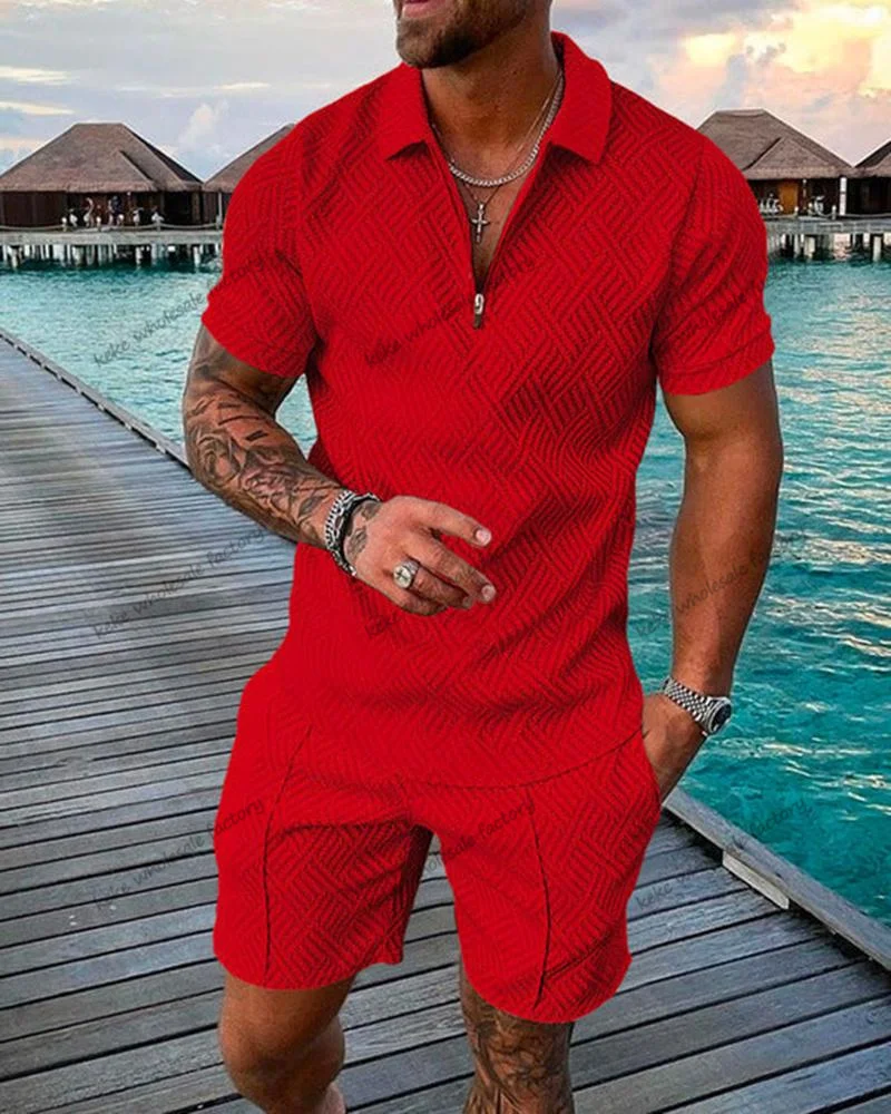 

KeKe Summer Oversized Men's Tracksuit Solid Color Short Sleeve Zipper Polo Shirt&Shorts Set Male Casual Streetwear 2-piece Suit