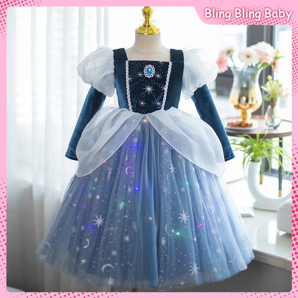 

Elsa Long Sleeve Princess Dress Spring Autumn Sleeping Beauty Sparkling Square Collar Cosplay Dress Christmas Gift Party Dress