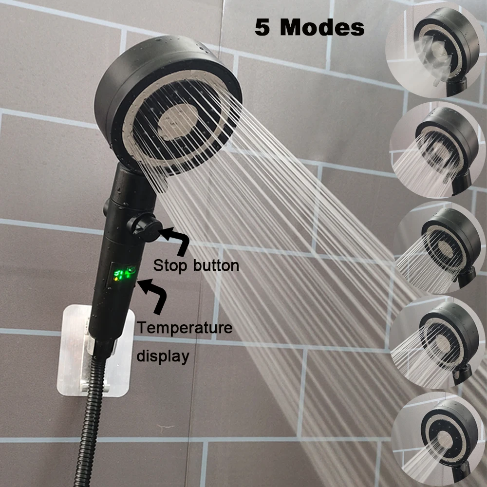 

Temperature Digit Display Shower Head 5 Modes One Key Stop Handheld Shower High Pressure Water Saving Filter Bathroom Showerhead