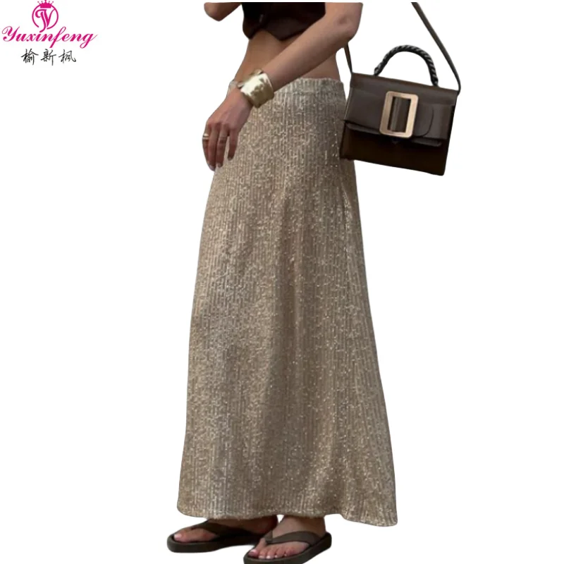 

Yuxinfeng Sequins Skirt Women Long European 2023 Autumn New Street Fashion light sparkle High Waist Straight Loose Maxi Skirts