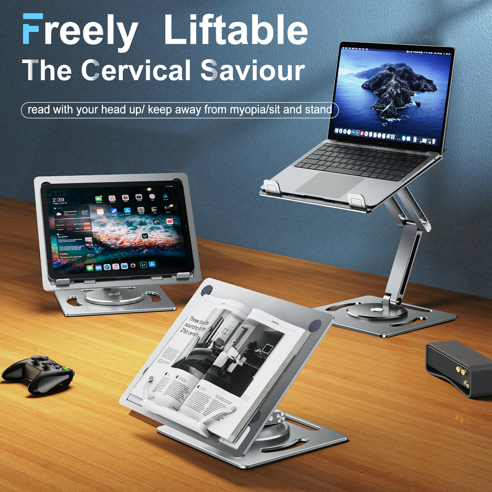 Oatsbasf Alumínio Laptop Stand 360 Rotable Altura Ângulo Ajuste Tablet Suporte Titular Multifuncional Leitura Livro Bracket