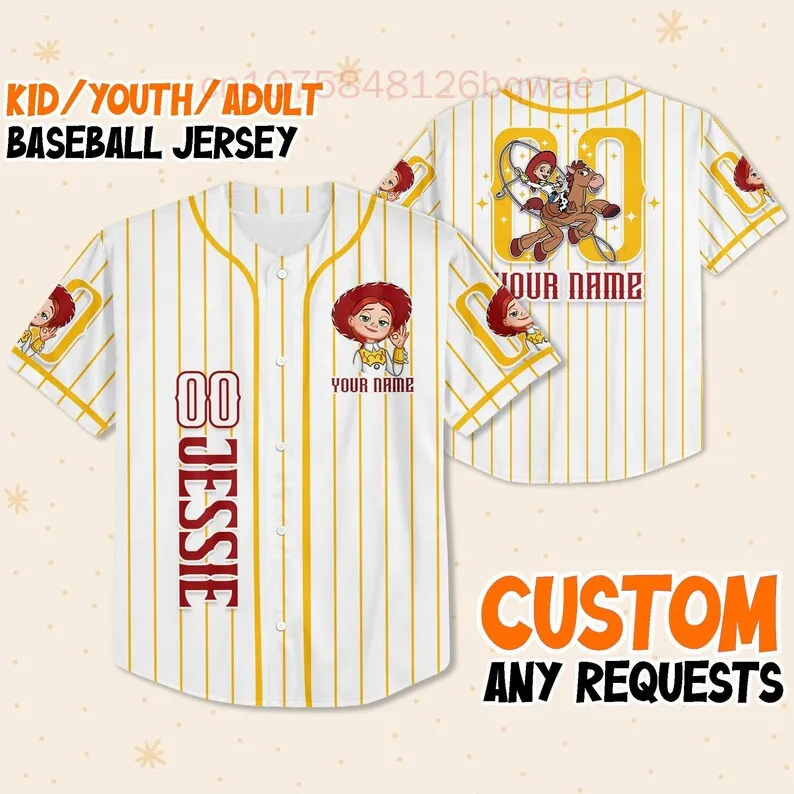 Summer New Toy Story Jessie Baseball Jersey 3D Stampato Casual Fashion Button Street Custom Baseball Jersey