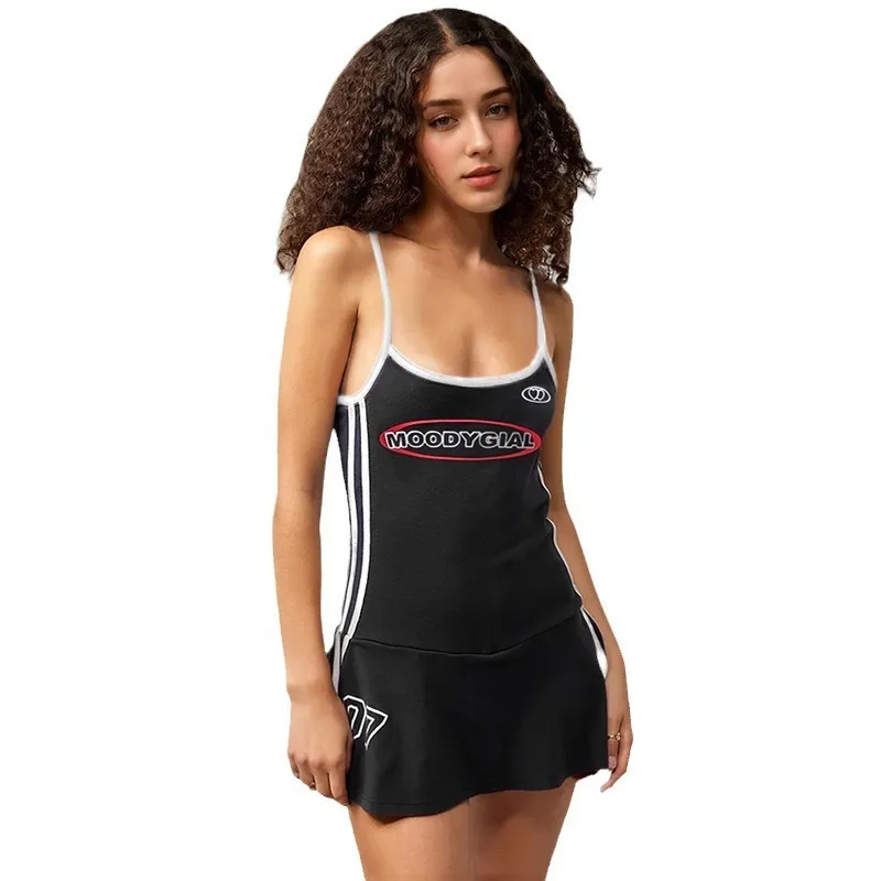 American Style Sports And Leisure Camisole Dress Summer , Digital Striped Woven Belt Contrasting Color Spicy Girl Waist