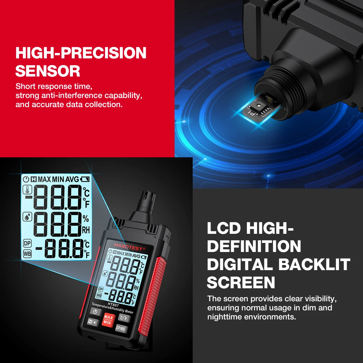 HABOTEST HT607 디지털 온도 습도 측정기 주변 이슬점 습도 측정기가 있는 고정밀 디지털 습도계