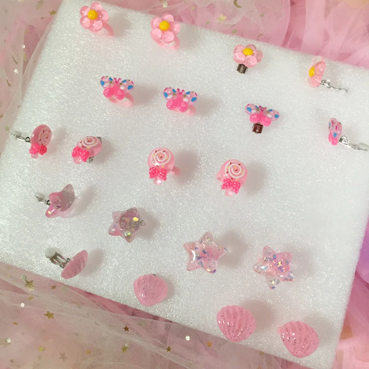 

20pcs/set Pink Color Bling Shell Flowers Stars Clip on Earrings for Kids Girls Jewelry No Pierced Children Earrings and Rings