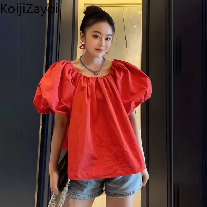 

Однотонная женская блузка Koijizayoi с пышными рукавами, модная женская Милая шикарная рубашка, новый стиль, верхняя одежда, блузки, корейские облегающие блузки, 2022
