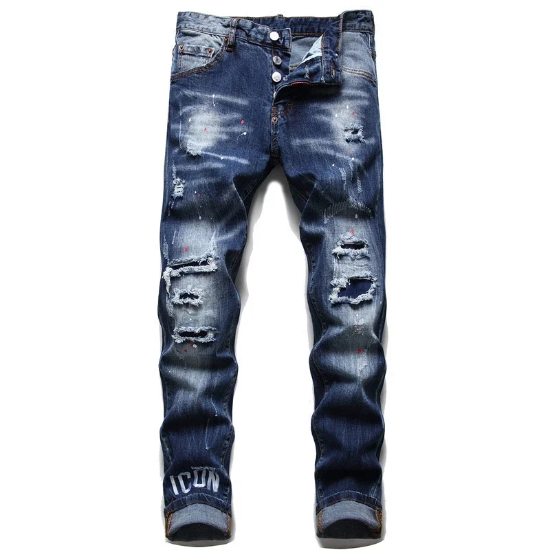 Men's Fashion Ripped Jeans High Quality Brand Dsq2 Men Slim Fit Fashion Small Foot Blue Pants Male Stretch Skinny Jeans 54 men jeans ripped jeans