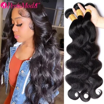 PerisModa 100% Human Hair Body Wave Bundles Human Hair Brazilian Natural Black 3/4 Bundle Deals Virgin Hair Raw Hair Extensions 1