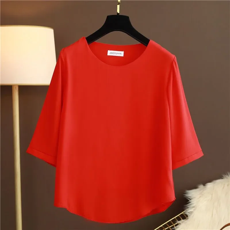 European Station Spring and Summer New Light Luxury Solid Color Chiffon Round Neck Shirt Loose Large Size Short-sleeved Shirt
