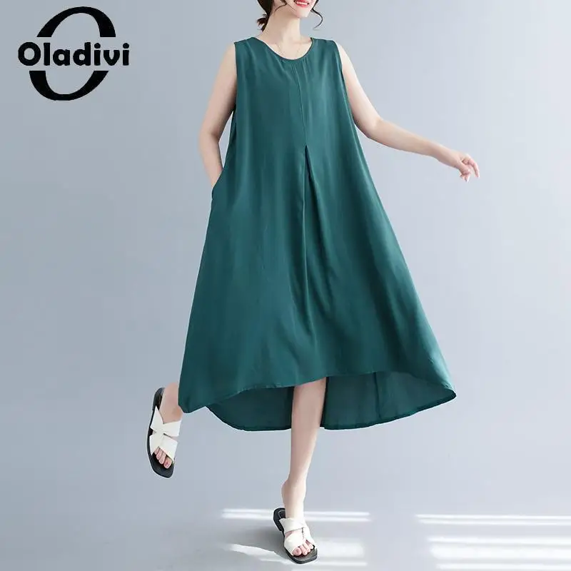 

Oladivi Fashion Women Sleeveless Sundress Irregular Dress 2023 Summer Casual Loose High Low Dresses Ladies Oversized Tunics 2390