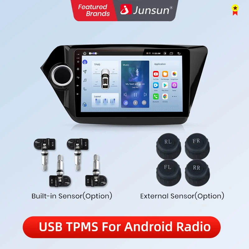 Junsun-Système d'alarme de surveillance de la pression TPMS, USB, 4 capteurs internes, lecteur DVD de voiture, accessoires de navigation de voiture