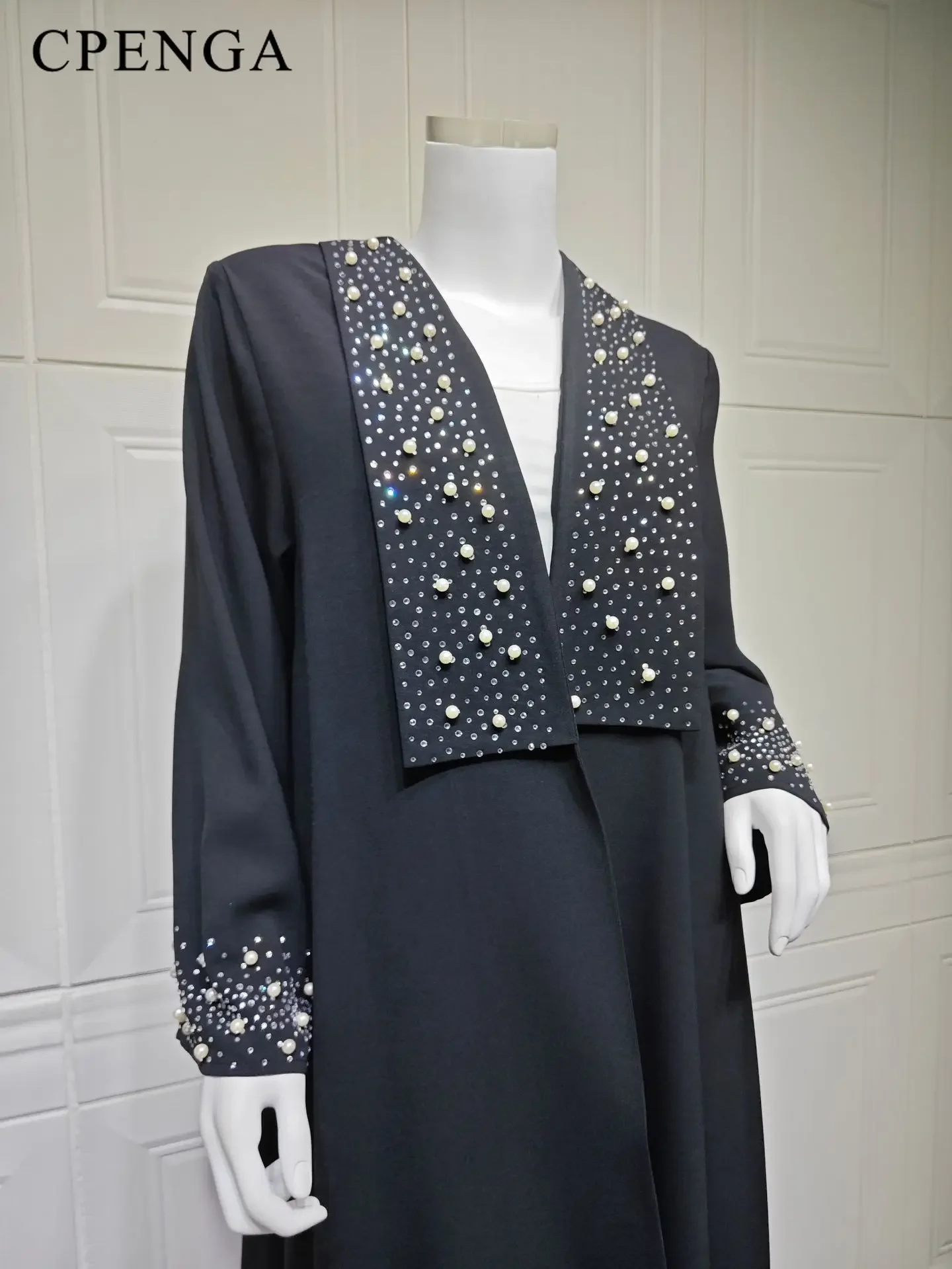 2024 Dubai Women Pearl Black Abaya Dress Luxury Ramadan Arabic Muslim Modest Cardigan Islamic Coat Fashion Turkey Solid Robe 5