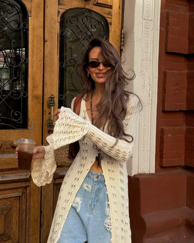 Deep V Neck Long Cardigan Dress - Elegant Hollow Knit Cover Up for Women