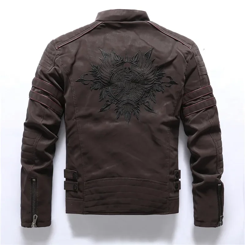 Back Skull Embroidery Motorcycle Faxu Leather Jackets Men Fashion Fleece Warm PU Leather Jackets and Coats Autumn Winter Outwear