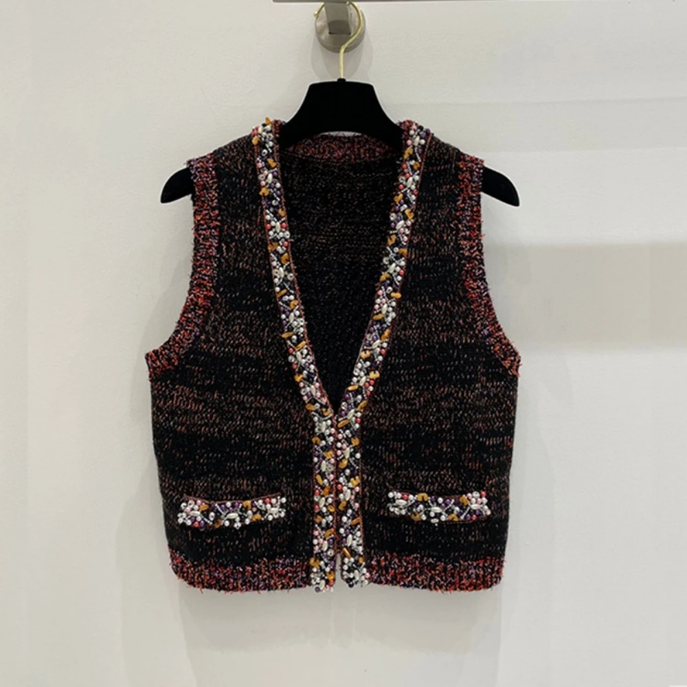 

Brand New 2023 Autumn Fashion Women High Quality Vintage Knitted Waistcoat Fashion Beading Vest Cardigans Top C666