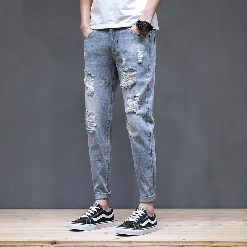 

Wholesale 2022 Teenagers Ripped Hole Jeans Men's Summer Thin Korean Trendy Slim Feet Broken Holes Beggar Casual Wild Denim Pants