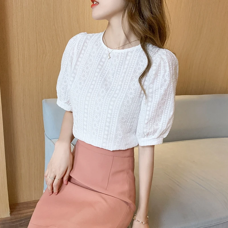 Korean Embroidery Floral Blouse Women Summer New Sweet Loose Lace Shirt Women's 2025 Short Sleeve O Neck Casual White Tops 15217