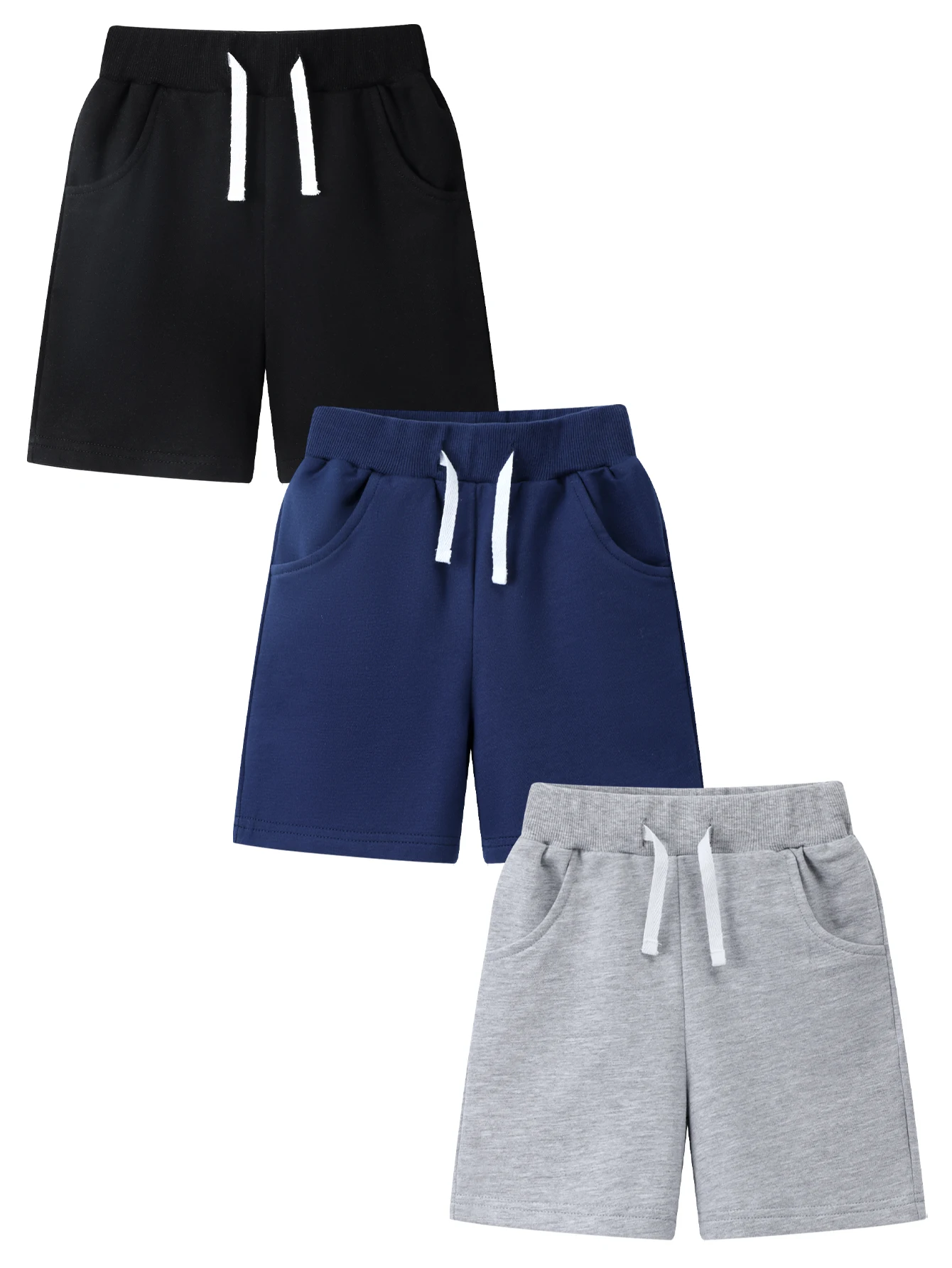 Trendy 3pcs Kids Boys Summer Casual Sweat Shorts Elastic Waistband Drawstring Pockets Soft Cotton Athletic Short Pants 2-7Y