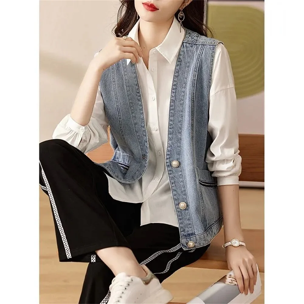 

Trend V-neck Wash Denim Vest Coat Women's Straight Sleeveless Personalized Vest Denim Jacket Spring Summer Top 2023 Spring New