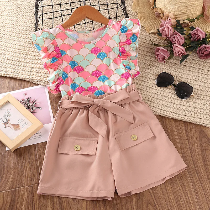 

Girls Clothes Set 2022 Summer Scale Print Sleeve Top Shorts Outfit Baby Kids Tracksuit Children Fashion Clothing For 4-12 Years