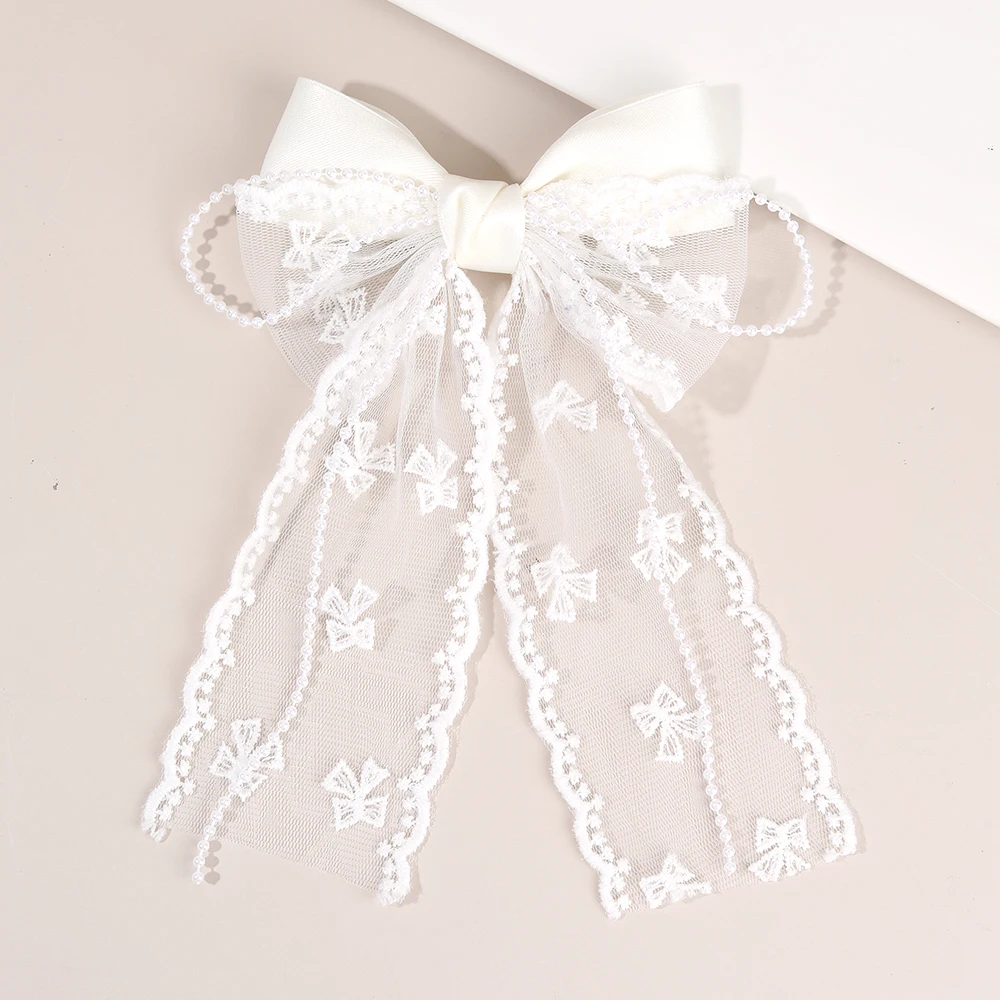Fermaglio per capelli con fiocco in tulle Dolce maglia di chiffon Patchwork Bownot Forcina Elegante perla Perline Barrette Accessori per copricapo da donna per ragazze - immagine 5