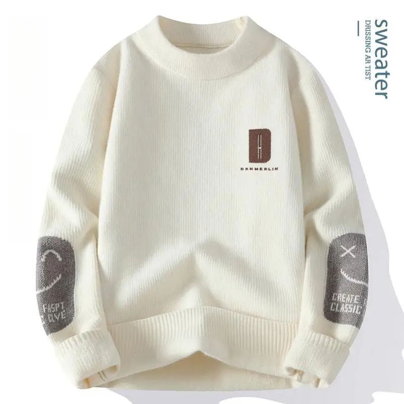 

Men Pullover Sweater Oversize Fashion Patch Designs Knitted Sweater 2023 Winter Korea Style Harajuku Streetwear Knit Pullovers