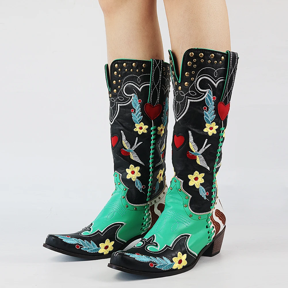 DoraTasia Fashion Boots Women 2022 Square High Heels Low Embroider Mid-calf Boots Female Pointed-toe Mix Colors Shoes Lady Boots