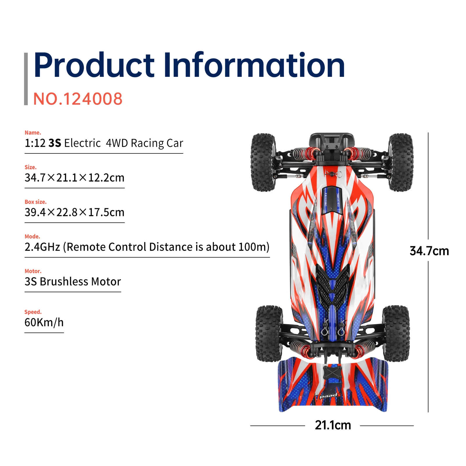 WLtoys 124008 Remote Control Car 1/12 2.4GHz 60KM/H High Speed Off Road Car Brushless 4WD Vehicle 11.1V 2000mAh Gifts for Kids A 4