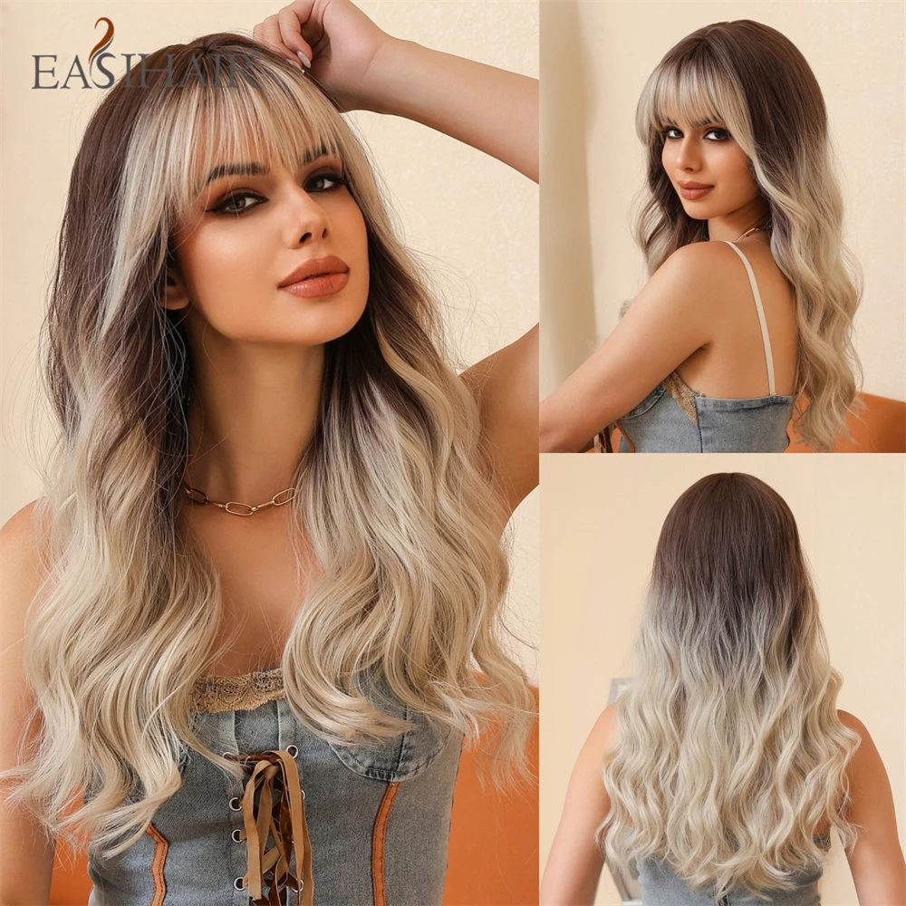 EASIHAIR Long Synthetic Wigs Ombre Ash Brown Blonde Curly Wave  Wig with Bangs for Women Daily Cosplay Party use Heat Resistant