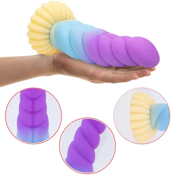 Rainbow Colors soft Braids Shape Anal Plug Liquid Silicone Big Sucker Dildo Sex Toys For Women Men Gay Vagina anal Masturbation 6