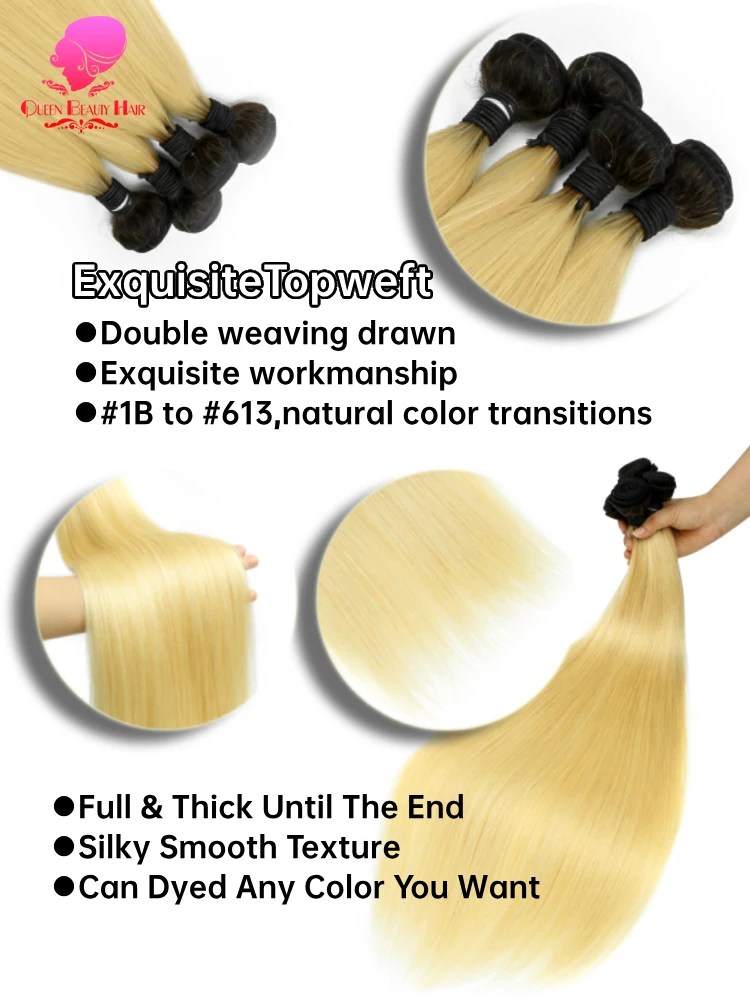 Extensiones de cabello humano liso 1B 613, mechones de cabello