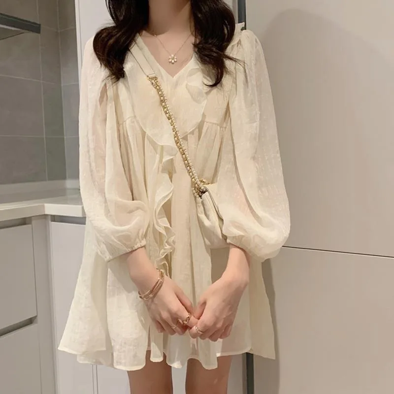 

Deeptown Y2k Fairycore Beige Dress Women Korean Style Sweet Ruffles Long Lantern Sleeve Two Pieces Mini Dresses Loose Vestidos