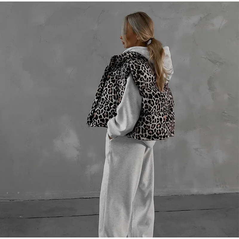 Vintage Leopard Zipper Cotton Vests Women Casual Loose Sleeveless Lapel Short Coats Female Autumn Chic Elegant Street Outwear