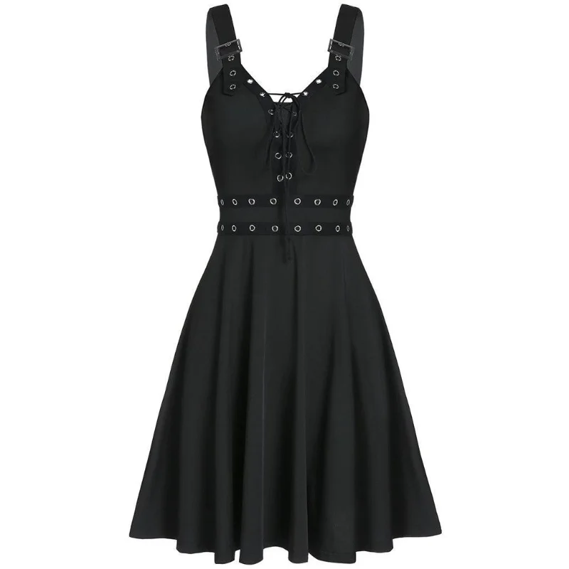 

Lace Up Ruffle Straps Dress Sleeveless A Line Punk Style Knee Length Solid Black Dresses New Summer Sleeveless Goth Robe Vestido