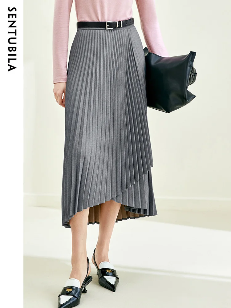 

Sentubila Irregular A-line Pleated Skirts Woman 2024 Spring Office Ladies Elegant Solid Midi Skirt Female Clothing M33Q50730