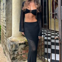 Maemukilabe Vintage 2 Piece Set Knitted Backless Tie Up Crop Tops Low Cut Crochet Hollow Out T-shirt + Long Skirt Women Holiday 2