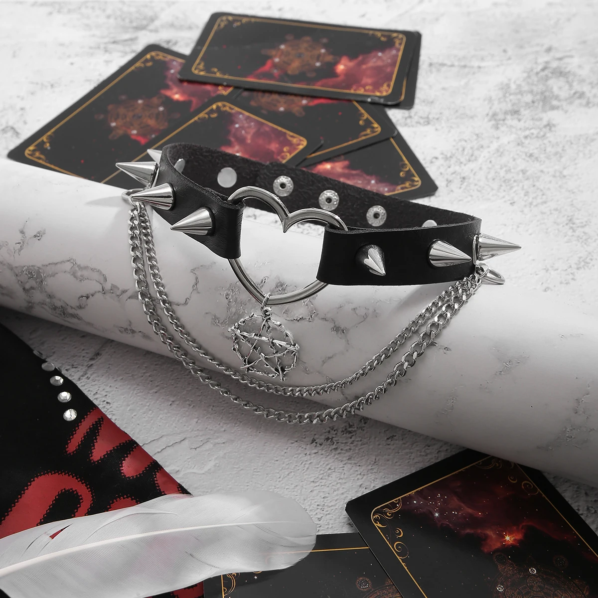 thumbnail image 2 of TISDA Gothic Rivet Leather Choker - Spiked Heart Necklace Collar, Punk Vintage Style 2 of 14