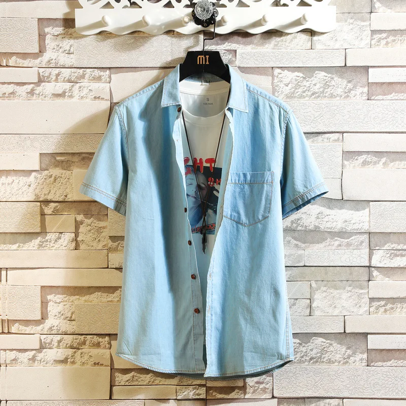 Men's Blue Denim Shirts Short Sleeve Jean Shirts Summer Men Cotton Light Blue Denim Plus size M-4XL casual short sleeved shirt short sleeved shirt