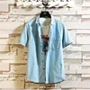 2023Men's Blue Denim Shirts Short Sleeve Jean Shirts New Summer High Quality Men Cotton Light Blue Denim Shirts Plus size M-4XL 2
