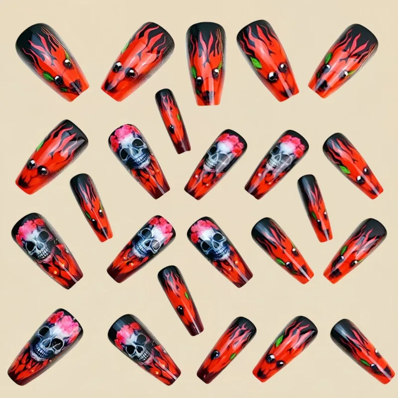 Dark Red Long Ballet Press On Nails With Skull Flower Art Set_voghion.com