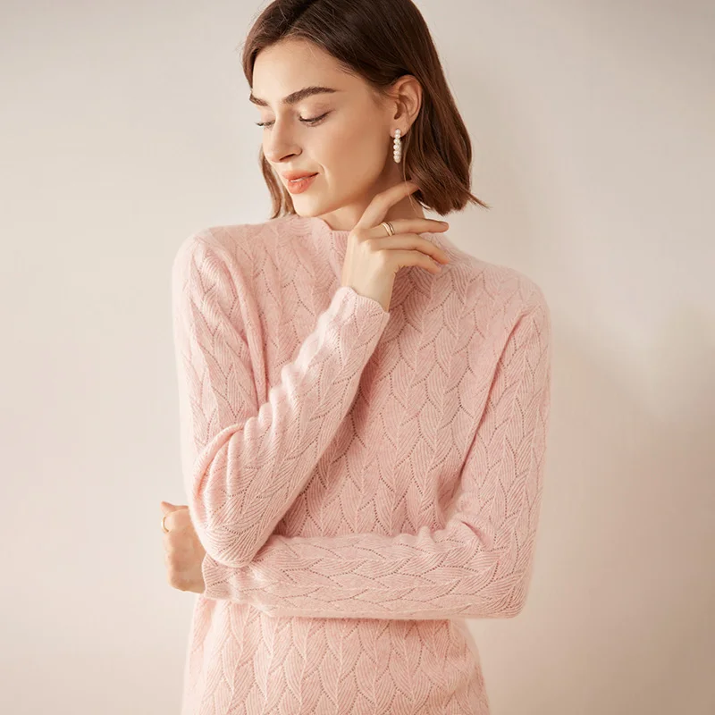 

Women Cosy Cashmere Sweater Beige Pink Camel Leaf Pattern Knitted Pullover Goat Wool Soft Warm Wave Neckline Tops Winter Autumn