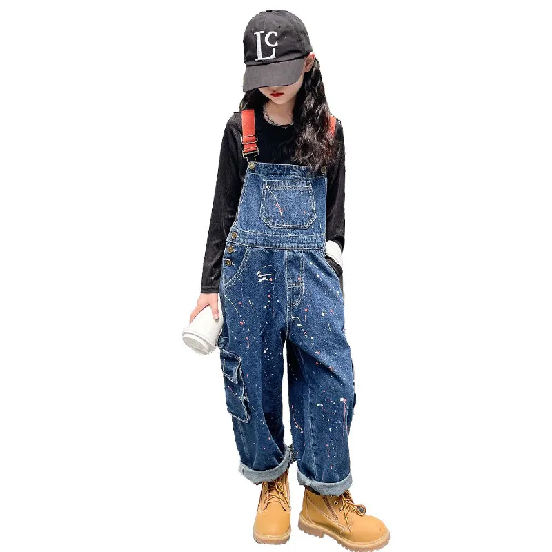 

Baby Girls Rompers jeans Paint Spraying Print teen Suspenders Trousers Denim Overalls for Children Autumn Cargo Pants
