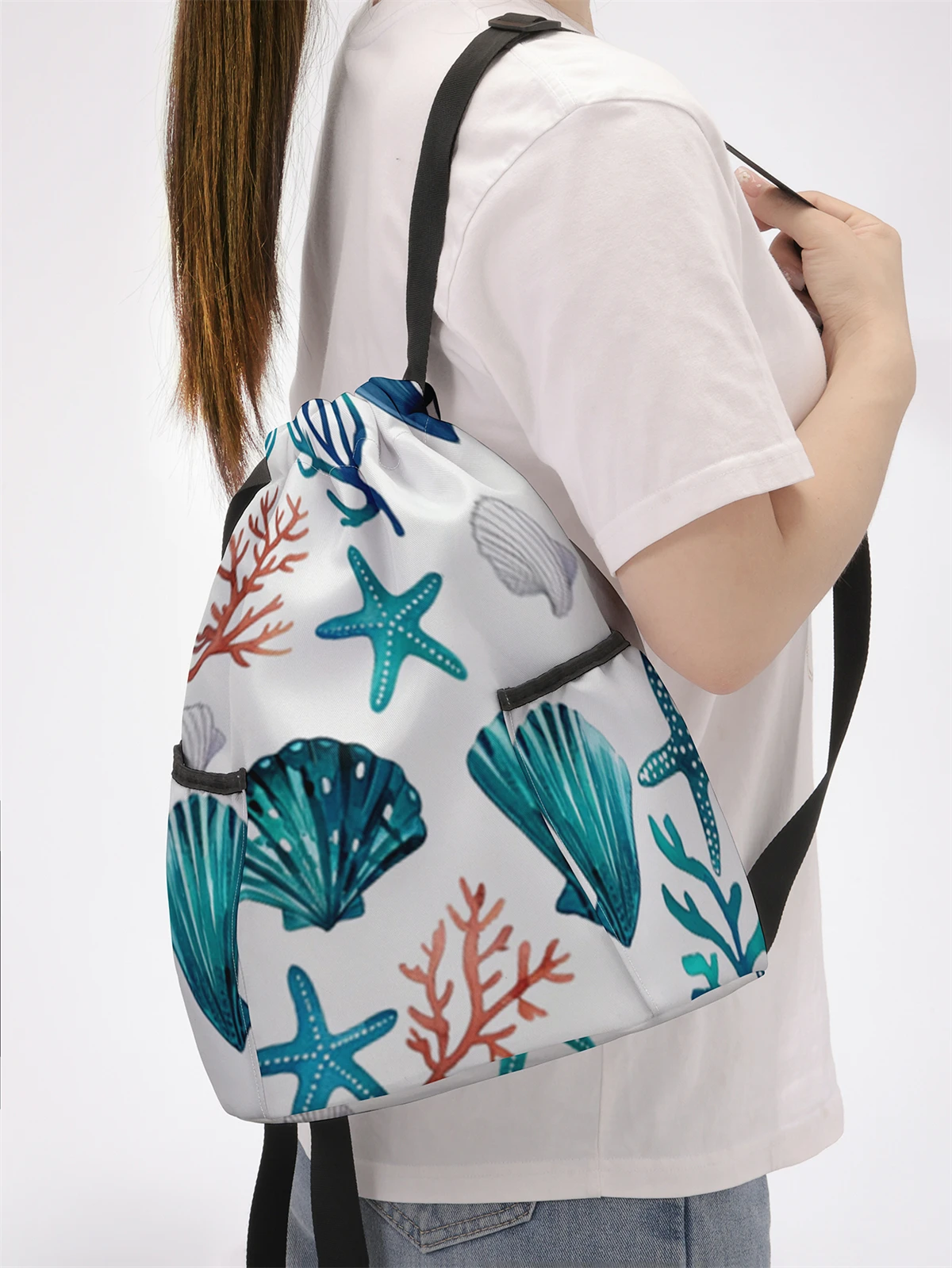Shell Pattern Drawstring Backpack - Large Capacity Durable Fitness Bag, Adjustable Shoulder Straps, Sports Beach Backpack