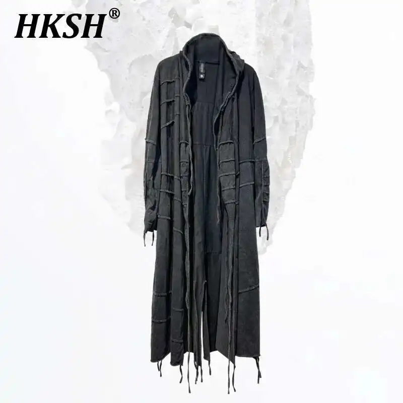 HKSH Men Waste Land Sand Vintage Washed Long Hooded Cape Hanging Vertical Cut Windbreaker Bottom T-shirt Long Sleeve Tees HK4376