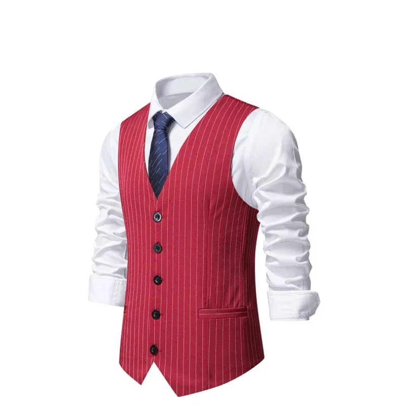 European Code Striped Mens Suit Vest Fashion Business Formal Wear Casual Waistcoats Red and Black Stripes S-2XL