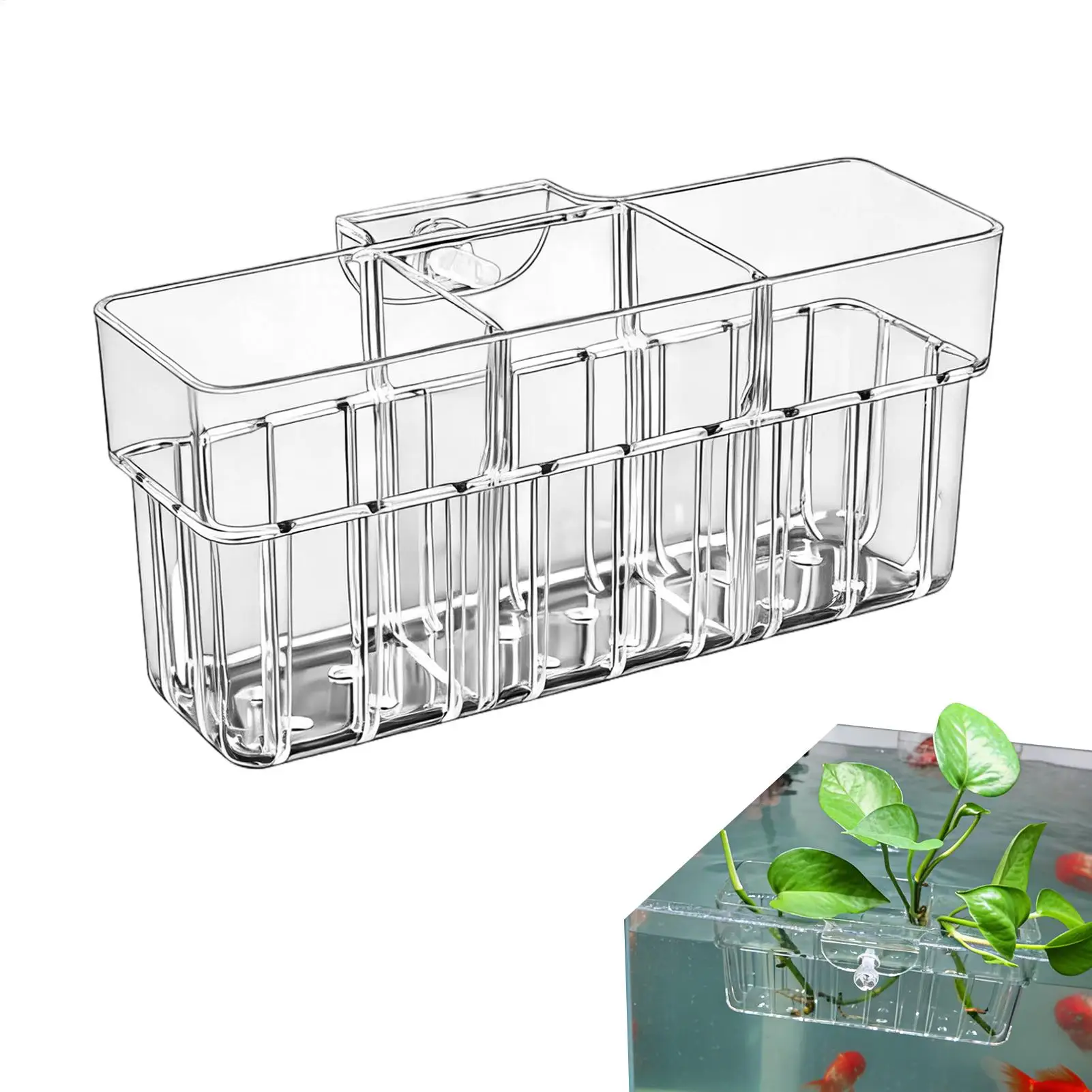 Aquarium Plant Holder 3 Compartment Hydroponic Cups Clear Planter for Betta Tank Decor Aquatic Plants Hydro Farm Sponge Filter