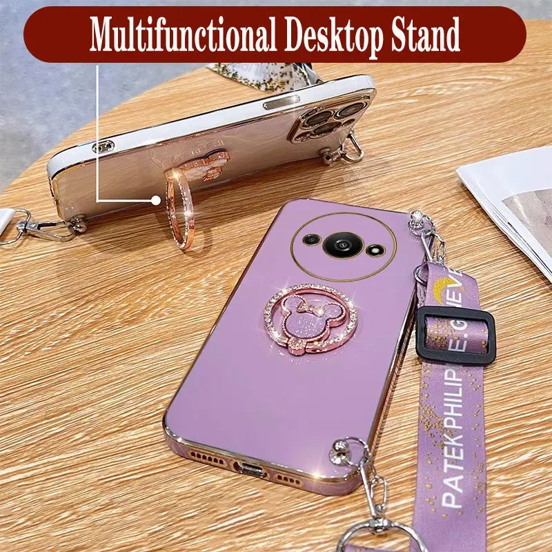 TVVTPU Cover per Xiaomi Redmi A3 con Cordino e 360° Anello Supporto, Custodia Sottile Morbido Silicone TPU Antiurto Dorata Placcatura Protettiva Case con Regolabile Collana Tracolla, Rosa